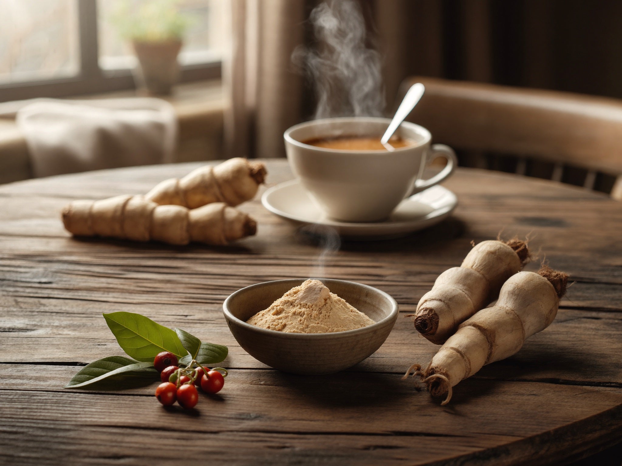 Ashwagandha-wortel en -poeder op een houten tafel